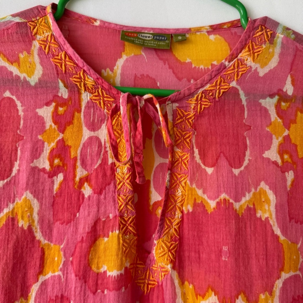 Rock Flower Paper Womens Small Embroidered Tunic Blouse 100% Cotton Pink Beachy - Picture 4 of 9